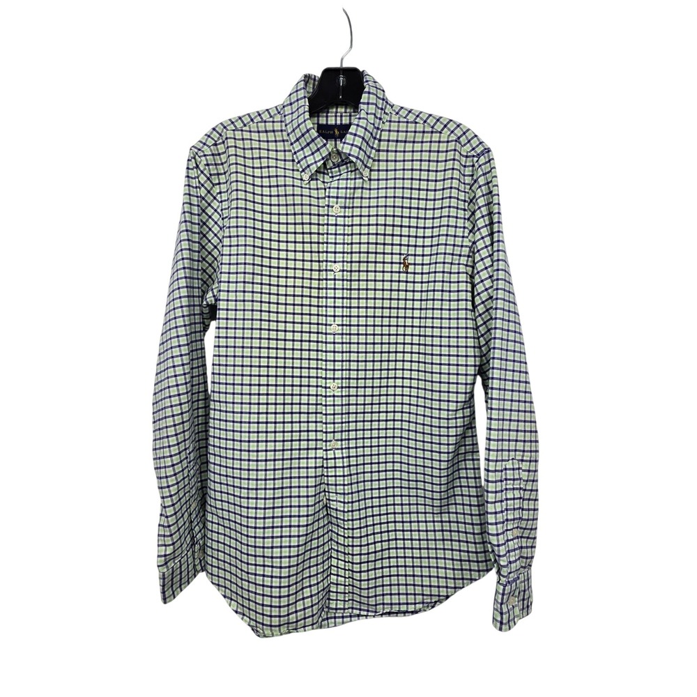 Ralph Lauren Button Down Shirt Mens M Green Navy Plaid Long Sleeve Pony Logo